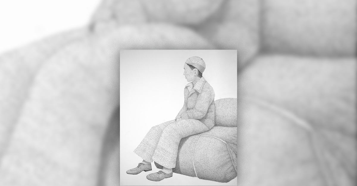 Black and white textured drawing of an asian man sitting down down on a couch.