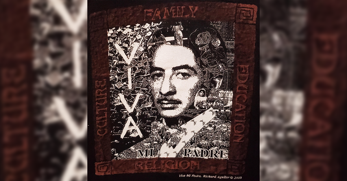 A black and white portrait of a man made up of etching textures with the words Viva Mi Padre. Around it is a colored border with words on each edge: Family (top), Culture (left) Religion (bottom) and Education (right).