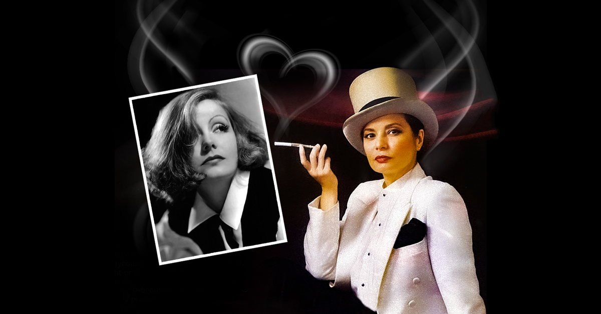 Artwork of the play "Garbo's Cuban Lover." IT features a woman wearing a white top hat and suit. She is holding a cigar whose smoke makes the shape of a heart. Next to her is a black and white photograph of an attractive woman with short hair parter to the left side.
