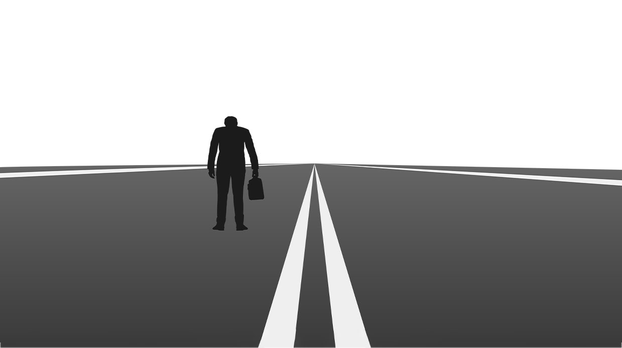 Graphic artwork of a silhouette of a man holding a brief case. He is standing on a the left side of a gray and white road.