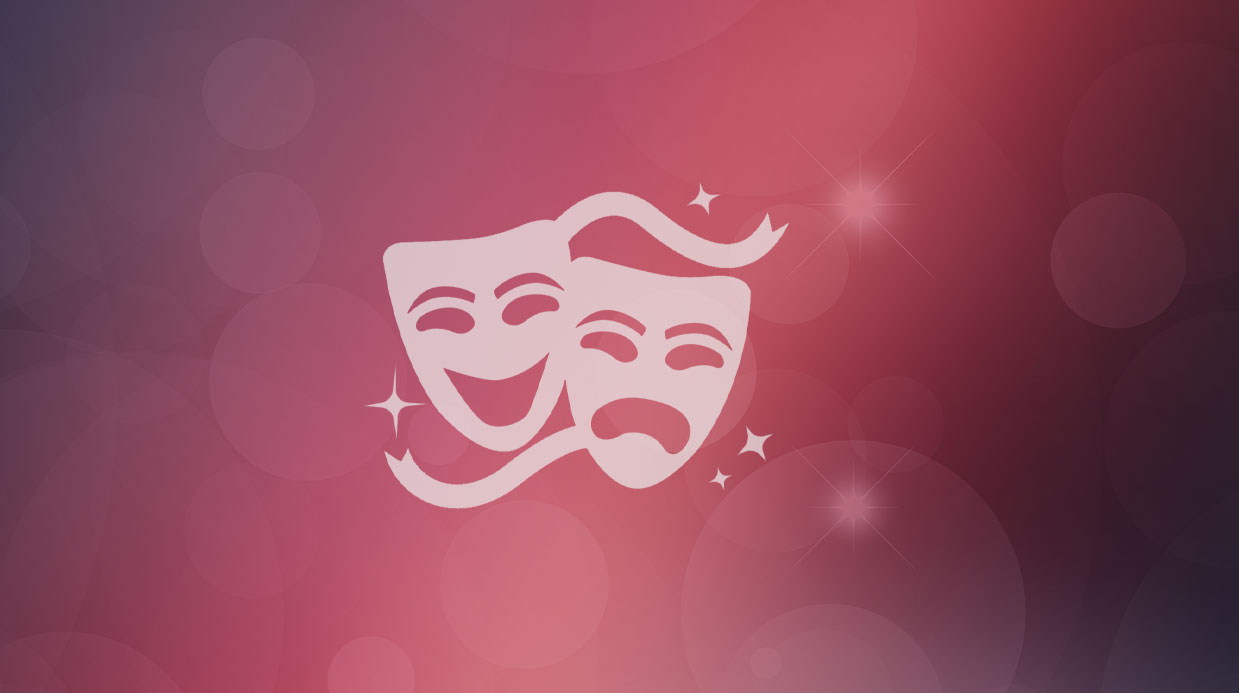 theater masks against a white, red and black gradient background with subtle round lens flares.