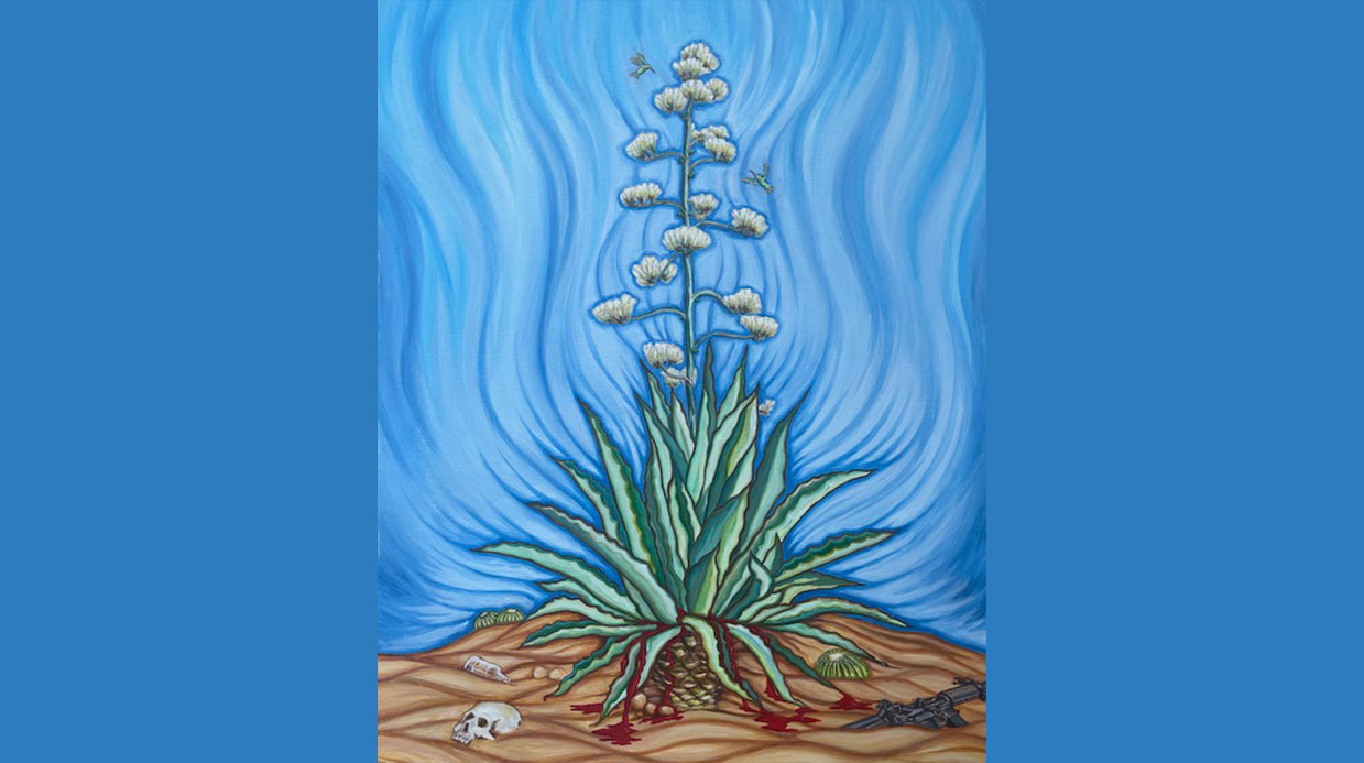 Colorful painting feature a planted agave plant that is bleeding. Half buried on the ground are a gun, human skull, a bottle and smaller cacti plants. The background is an abstract blue sky with a wavy pattern.